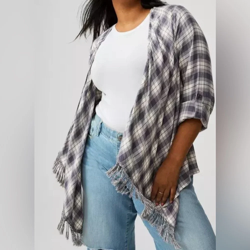 Plaid Fringe Shawl Cardigan